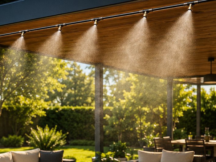 Nebulizzazione Comfort Outdoor Elan Garden: ugelli sotto la pergola che raffrescano la zona lounge in estate