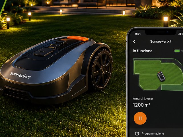 Robot tagliaerba Sunseeker su prato curato con app di gestione Elan Garden